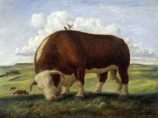 Ajax. Painting by John Stewart Curry showing fat cattle feeding on green fields