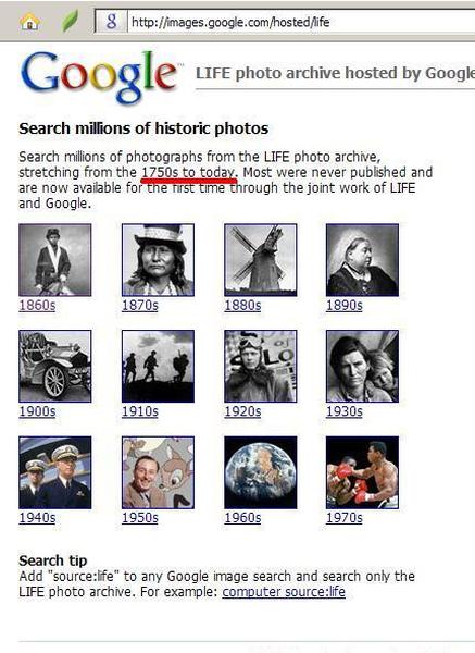 screenshot of Google Life magazine photo archive home page in 2008, with the text '1750s to today' underlined in red