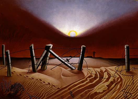 Dust Bowl. Painting by Alexandre Hogue showing a broken fence on a dusty plain under sunlight filtered through an apparent dust storm.