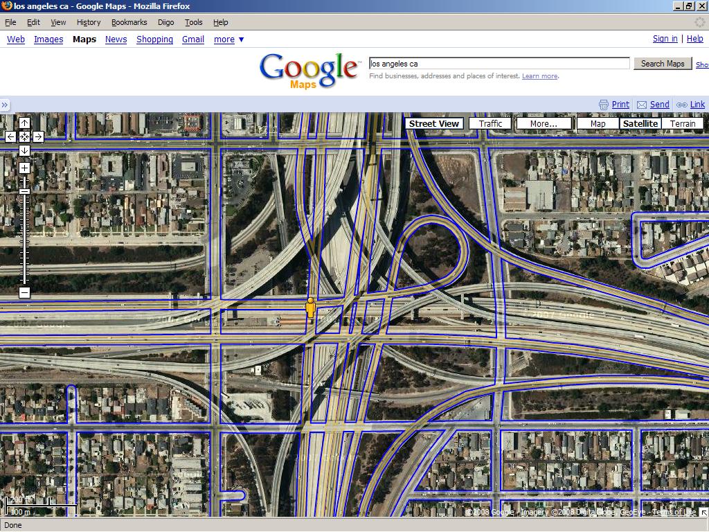 Google satellite view of the nterchange between 105 and 110 in Los Angeles showing many overlapping lanes.